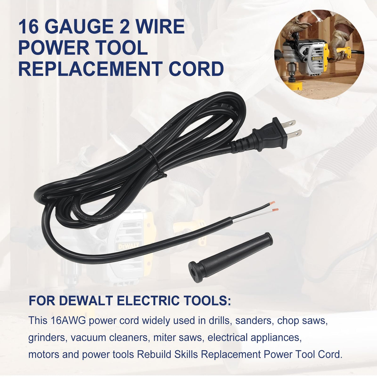 16 AWG 8Ft 2 Wire Power Tool Replacement Cord Fit Drills Grinders Miter Saw