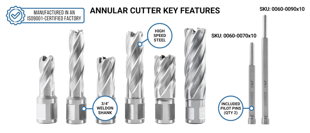 Accusize Industrial Tools Slugger Cutter Set, 9/16", 11/13", & 13/16" Cut Dia., 1" & 2" Cut Depth, 3/4" Weldon Shank, 2 Pilot Pins, 8 Pcs, 0519-0002