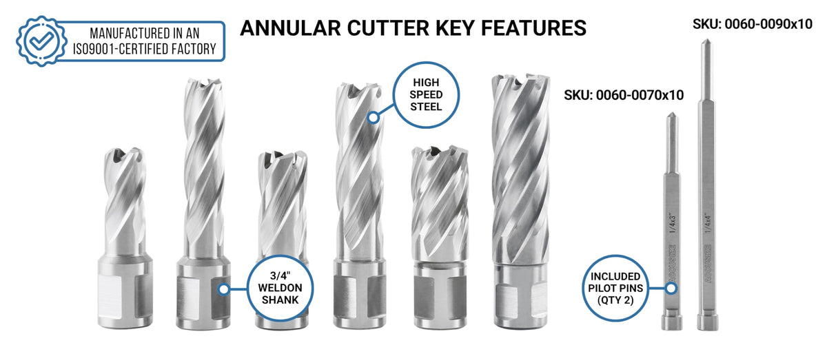 Accusize Industrial Tools Slugger Cutter Set, 9/16", 11/13", & 13/16" Cut Dia., 1" & 2" Cut Depth, 3/4" Weldon Shank, 2 Pilot Pins, 8 Pcs, 0519-0002