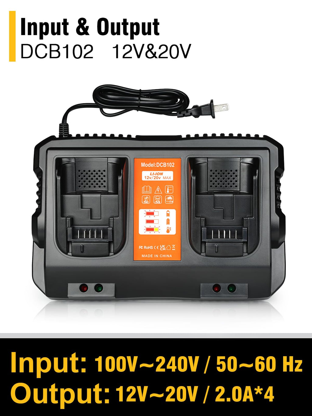 DCB102 20V MAX Battery Charger Replacement for Dewalt Battery Charger, 2 Port Charger Compatible with Dewalt 12V-20V