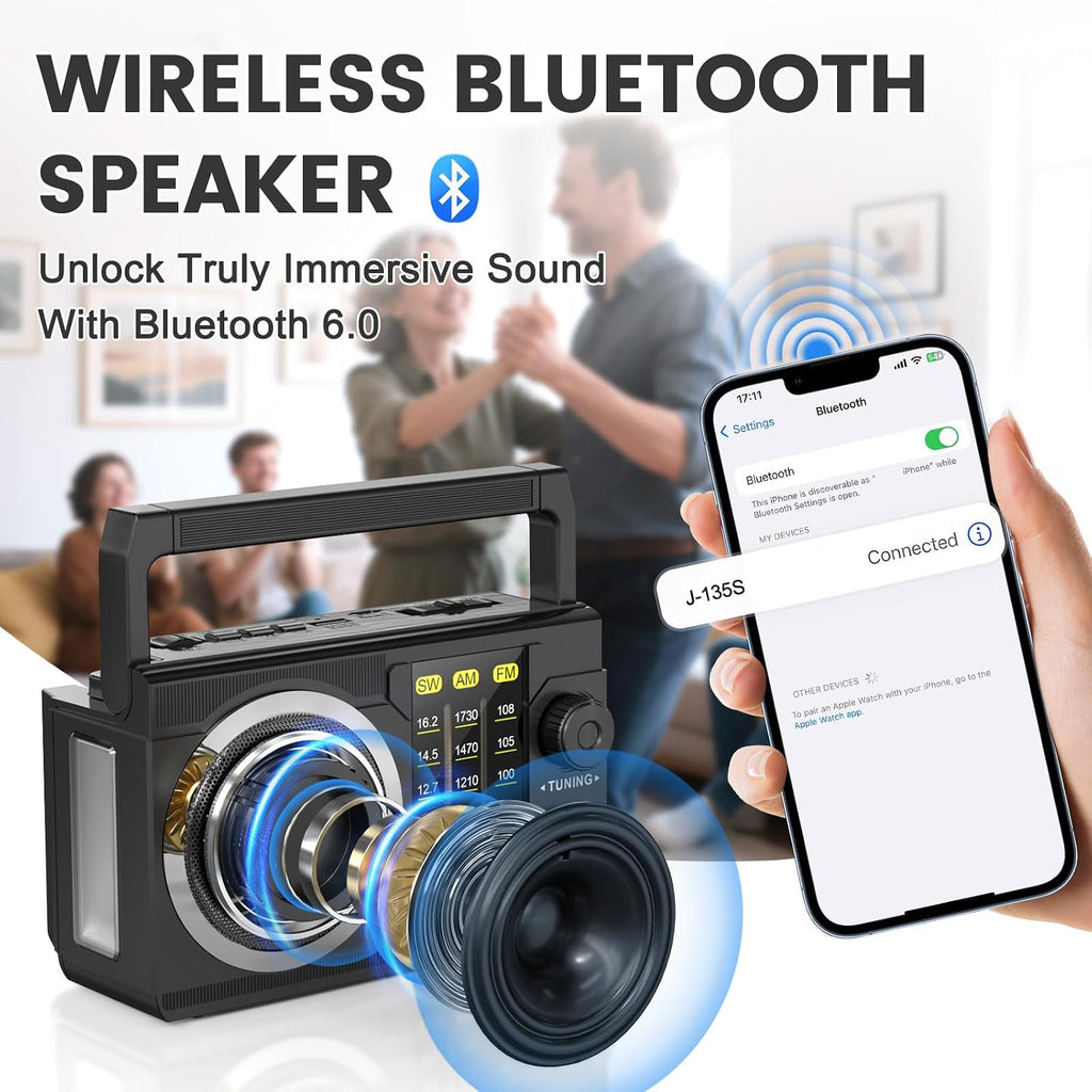 J-135 AM FM Radio Portable Bluetooth,Solar/AA Battery Operated | USB-C Emergency Radio with Flashlight,Transistor