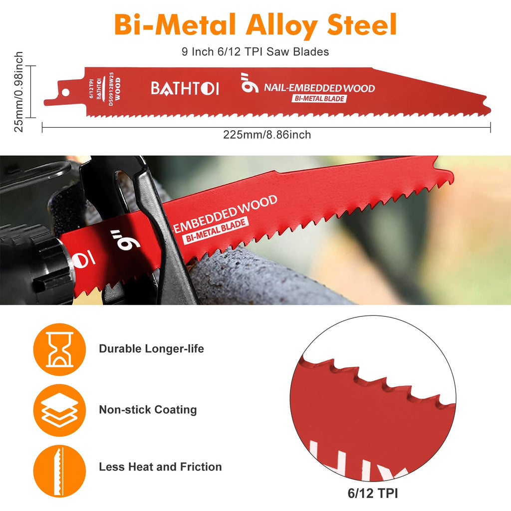100 Pack 9 Inch 6/12 Tpi Reciprocating Saw Blades for Nail-Embedded Wood
