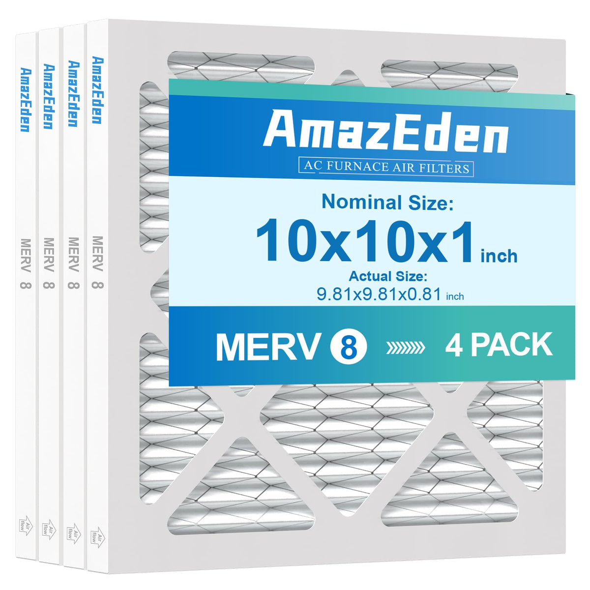 10x10x1 Air Filter 4 Pack MERV 8 Dust Defense AC Pleated Filters