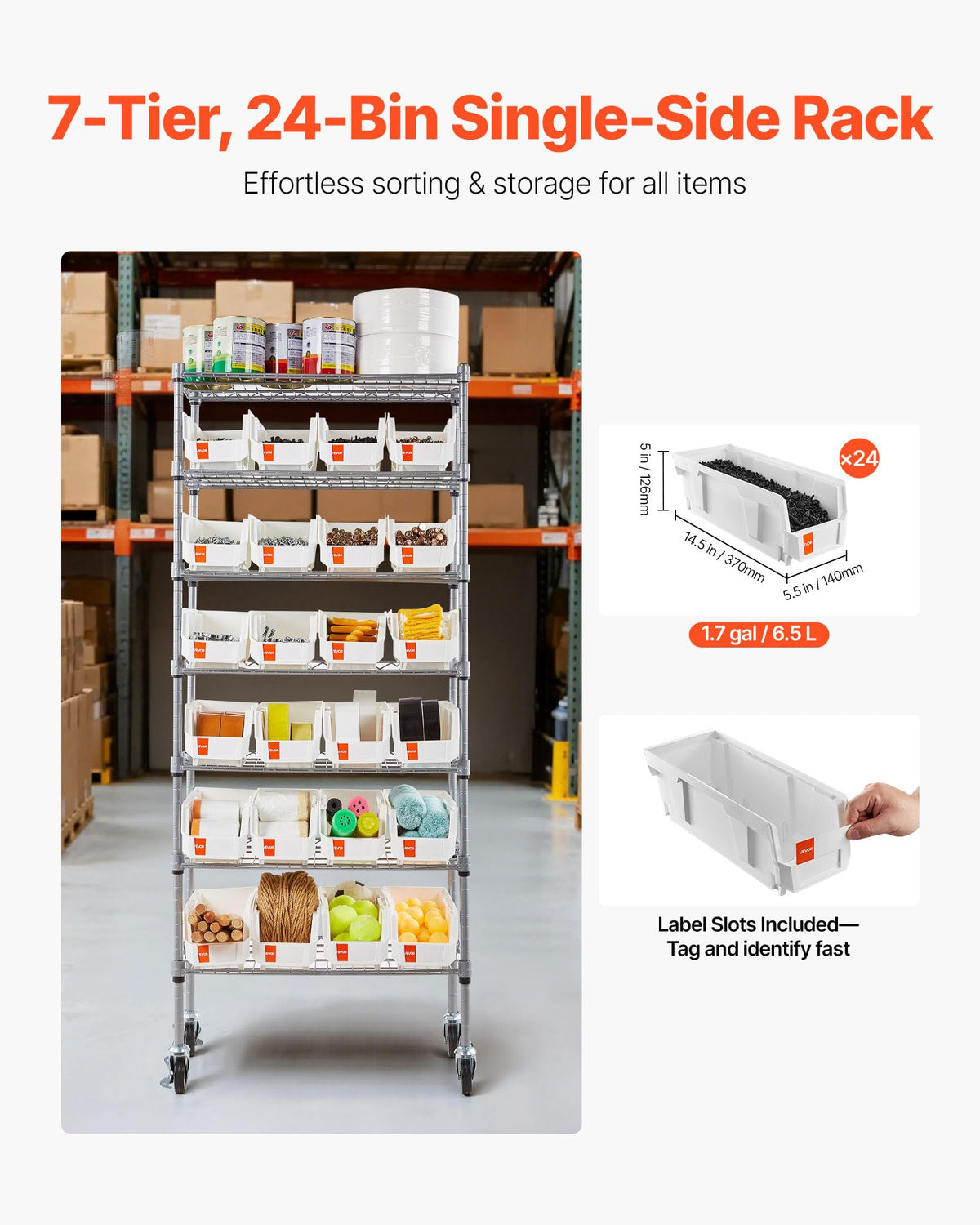7-Tier Rolling Bin Storage Rack, 24 Small Bins, Bin Rack Storage Steel Wire Shelving System with Wheels, Mobile Tool