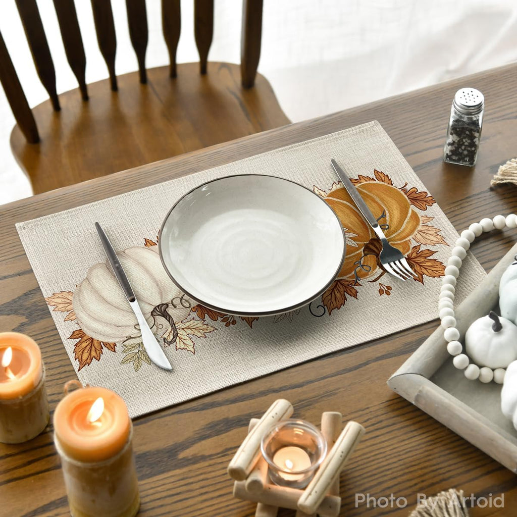 Orange Pumpkin Leaves Fall Placemats Set of 4-12 x 18 Inch