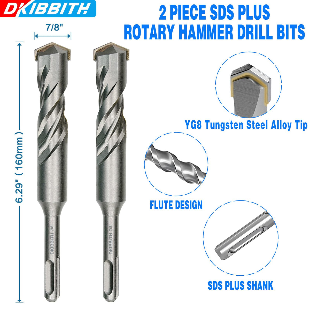 2-Piece 7/8" SDS Plus Drill Bits Rotary Hammer Drill Bit Set, Carbide Tipped for Drilling Concrete Cement Porcelain Tiles Ceramic Pots Stone Brick, Diameter 22mm, 160mm Long, SDS Plus Shank
