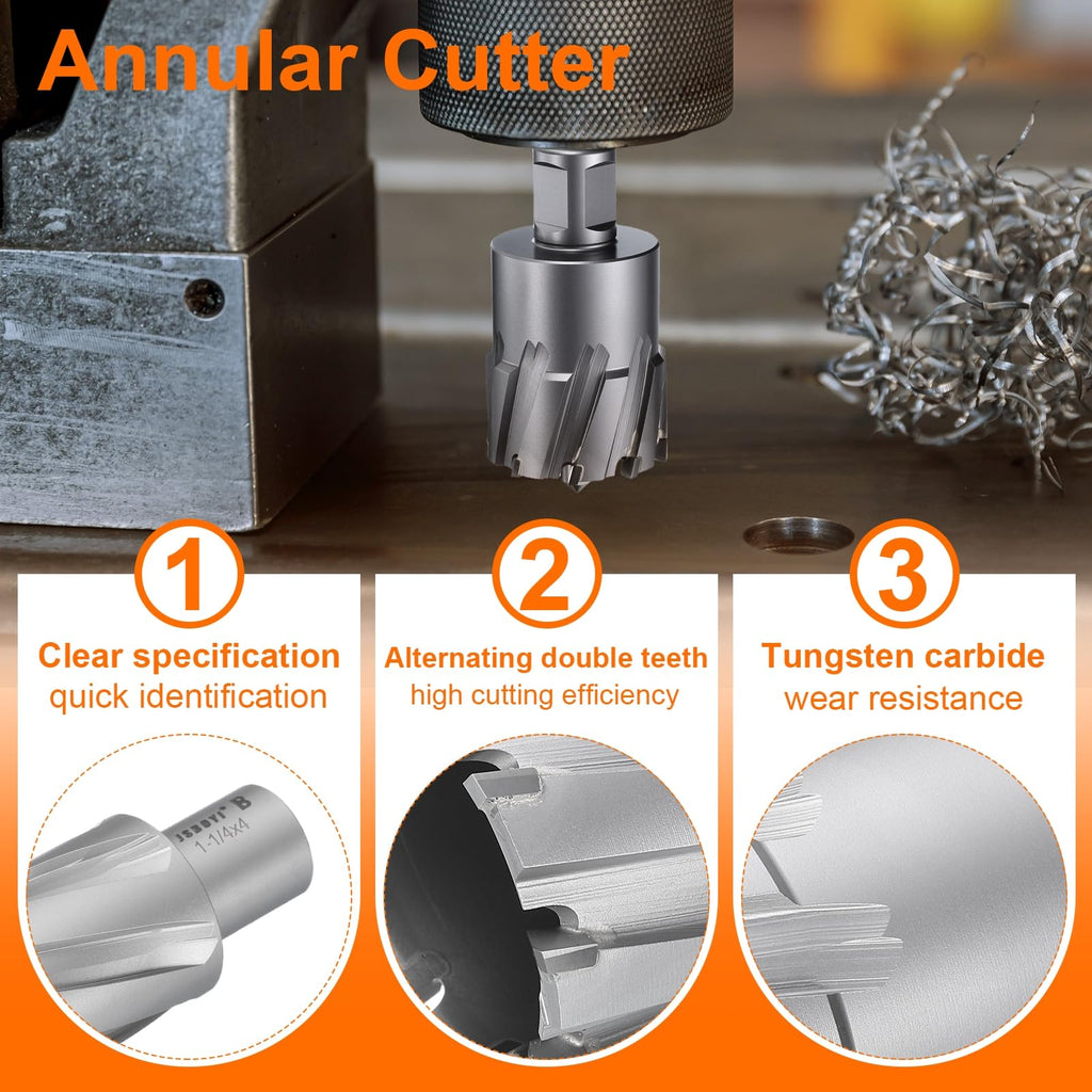 HARFINGTON Annular Cutter 1-1/4" Dia 4" Depth 3/4" Shank TCT Cutting Drill Bits with Pin for Magnetic Drill Press