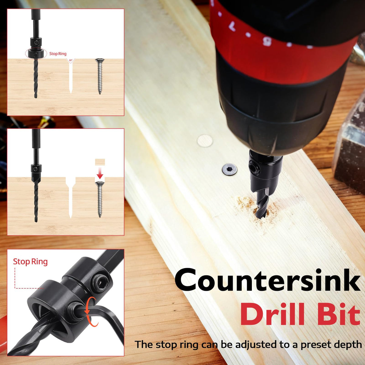 15 Pcs Wood Countersink Drill Bit Set with Depth Stop Storage Case