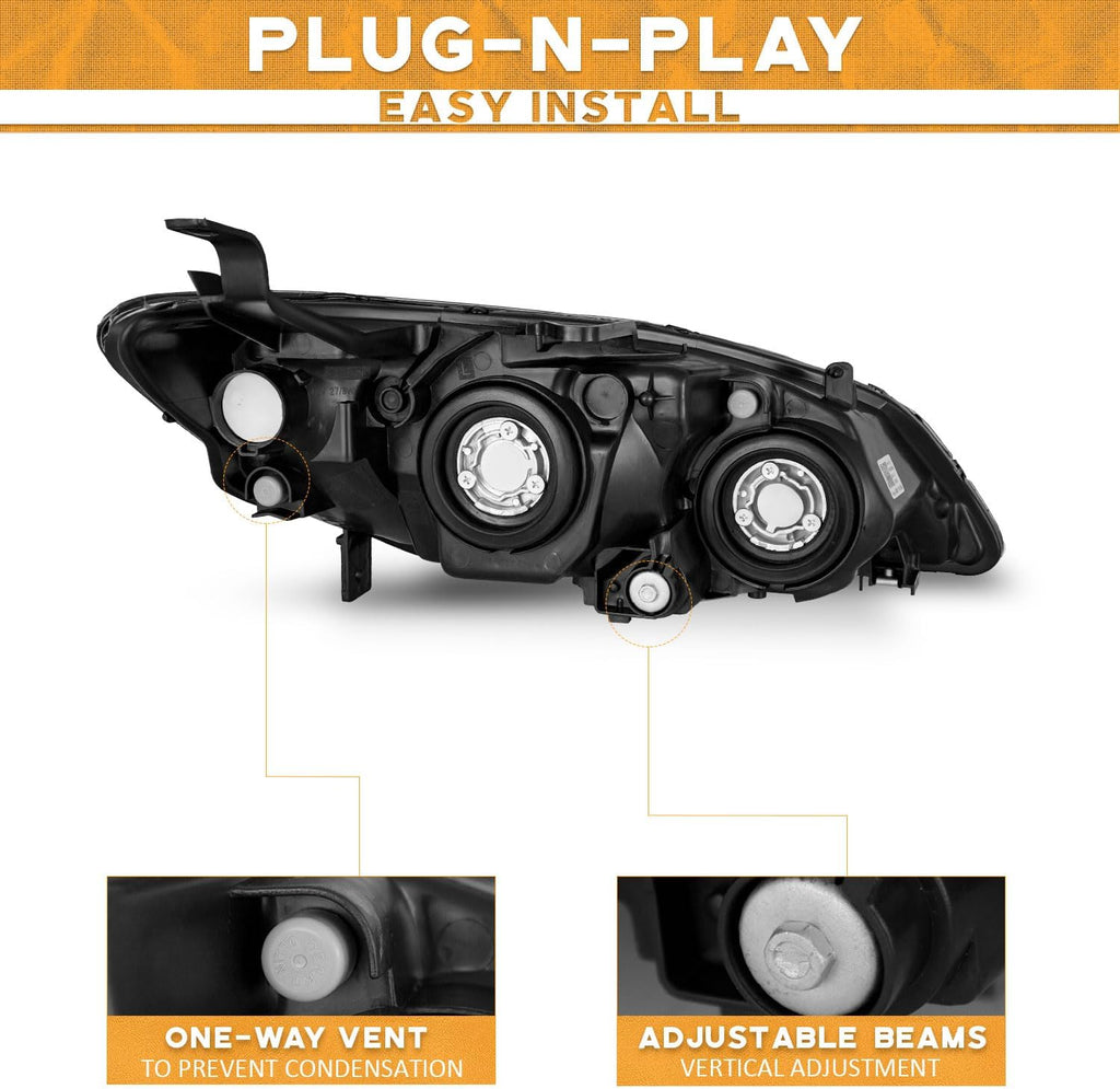 WEELMOTO Halogen Headlights Assembly for 2004-2005 Honda Civic 2/4Door