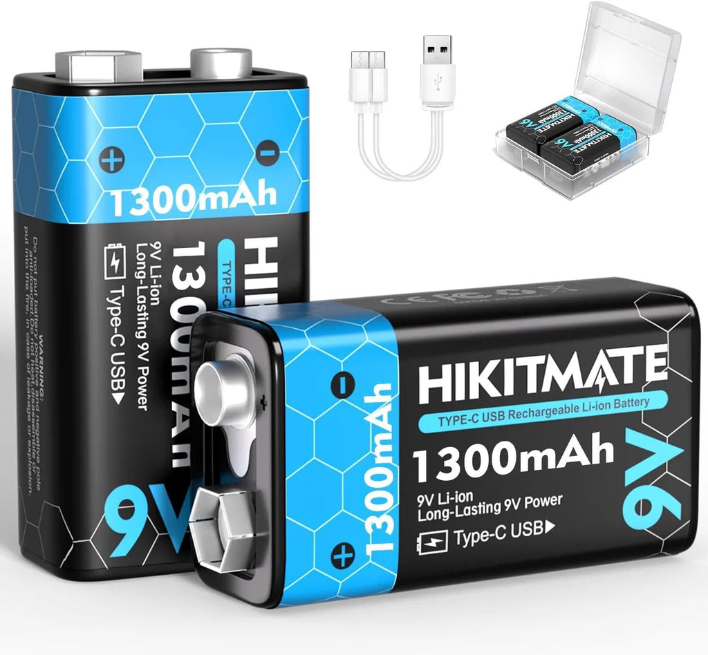1300mAh Rechargeable 9V Batteries Lithium USB C, 2 Pack | 9 Volt Battery Li-ion for Smoke Detectors Alarms, 2H Fast