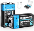 1300mAh Rechargeable 9V Batteries Lithium USB C, 2 Pack | 9 Volt Battery Li-ion for Smoke Detectors Alarms, 2H Fast