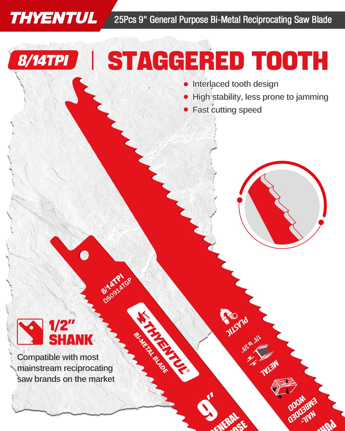 25 Pack 9 Inch 8/14 TPI Reciprocating Saw Blades, Multi-Purpose Bi-Metal Sawzall Blades for Wood & Nail-Embedded Wood,Metal Cutting for 1/8"-3/8" Medium Metals,Compatible with Diablo Sawzall Blade