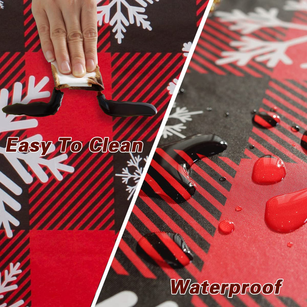 Christmas Tablecloth Rectangle Vinyl with Flannel Backing, Buffalo Plaid Snowflake Print, Waterproof & Heavy Duty