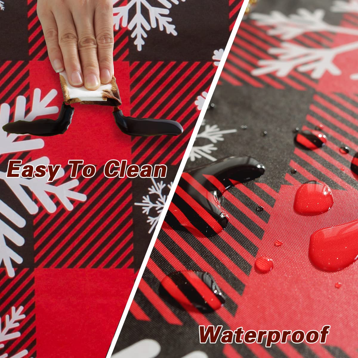 Christmas Tablecloth Rectangle Vinyl with Flannel Backing, Buffalo Plaid Snowflake Print, Waterproof & Heavy Duty