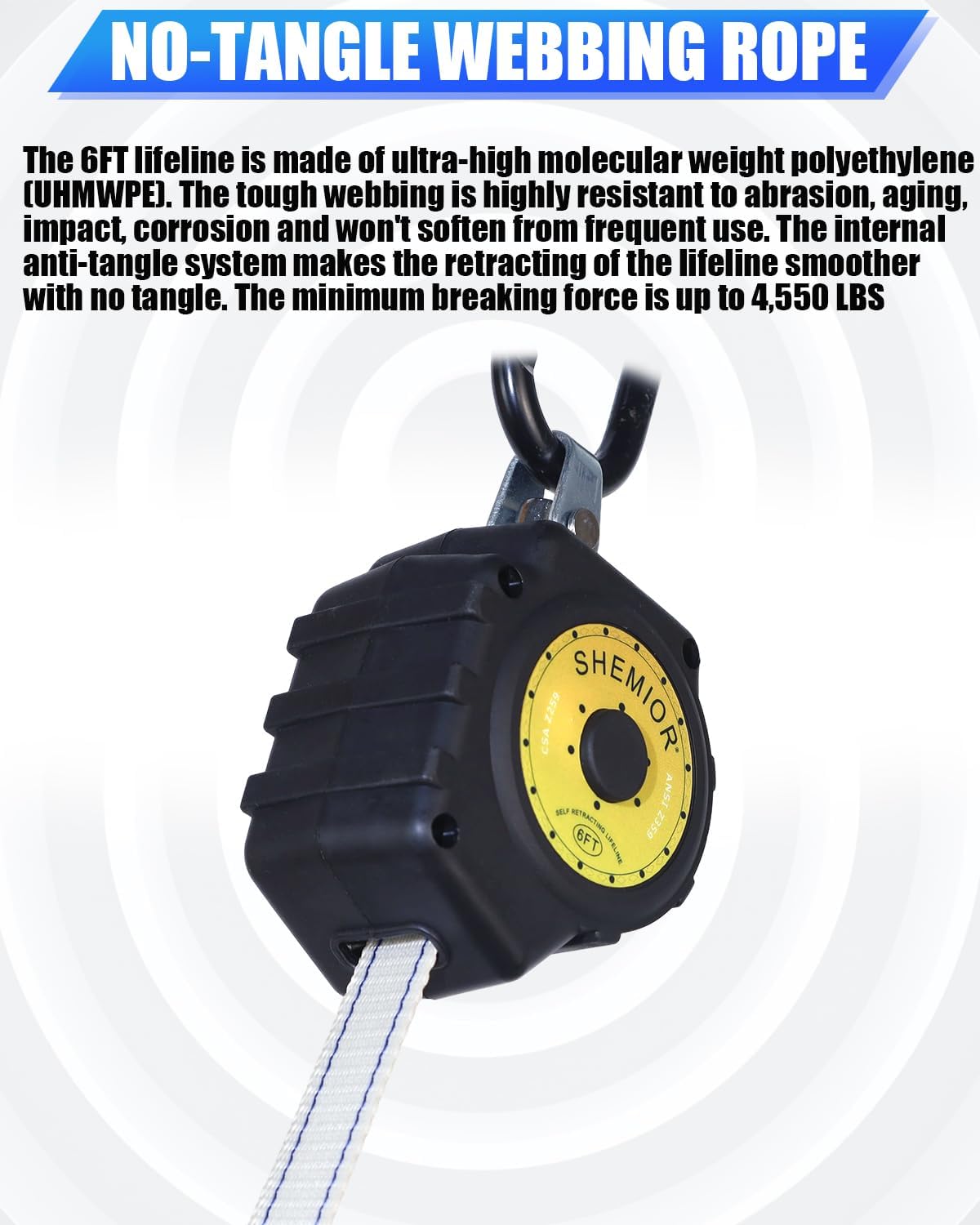 Swivel Top Self Retracting Lifeline, Shemior 6FT SRL, Retractable Lanyard | Web, Safety Harness Fall Protection Kit