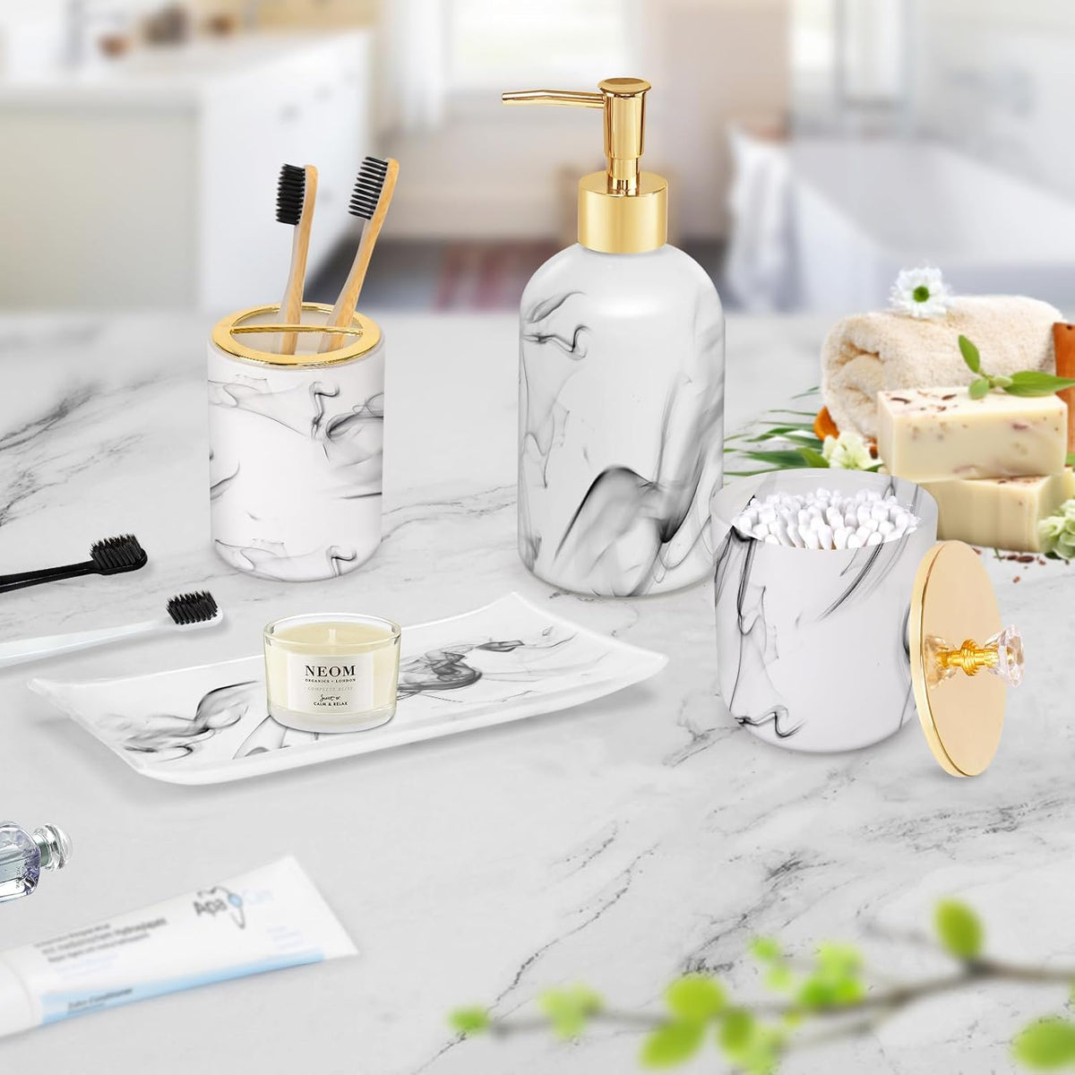 Bathroom Accessories Set, 4 Pcs Marble Look Sets Soap Dispenser & Toothbrush Holder Counter Top Restroom Apartment