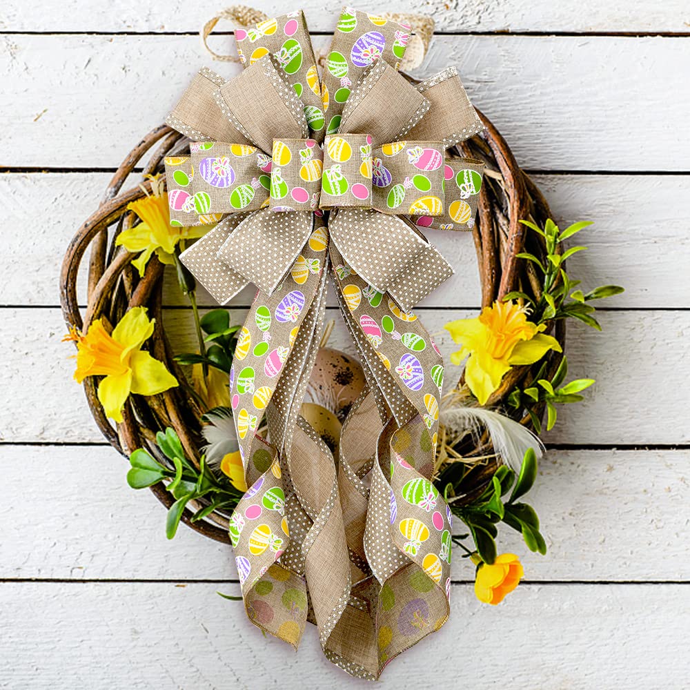 2 Rolls 10 Yards Easter Wired Edge Ribbon, 2.5inch Flaxen Natural Dots Burlap Ribbon Bows for Wreath, Colorful Eggs