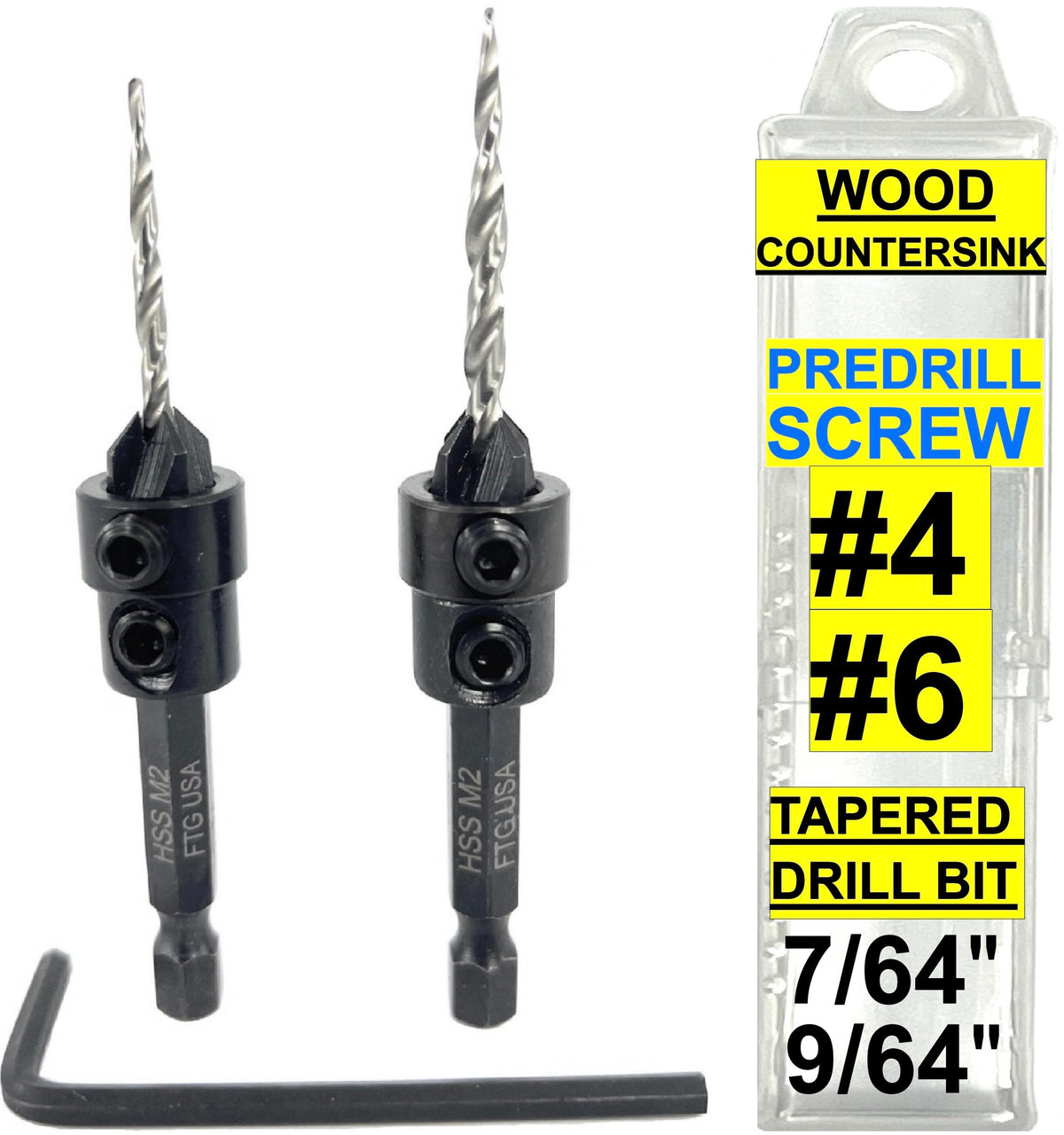 FTG USA #4#6 Tapered Countersink Drill Bit Hex Shank Set with Depth Stops