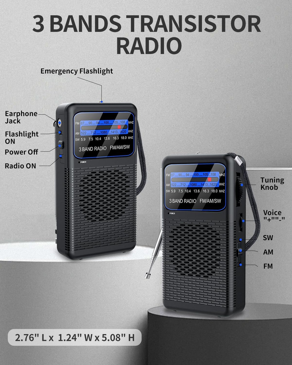 FM AM SW Back Clip Pocket Radio, Battery Operated Mini Radios, Portable Shortwave Transistor Radio with Emergency LED