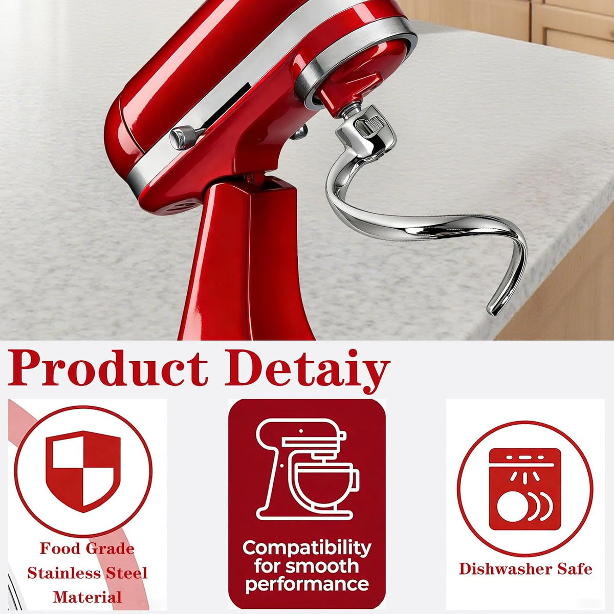 Stainless Steel Spiral Dough Hook for KitchenAid 4.5-5 Quart Tilt-Head Stand Mixer, Dishwasher Safe & Rust-Proof