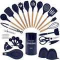 Non Stick Silicone Utensil Set with Rounded Wood Handles for Cooking and Baking, 38 Piece Set, Navy