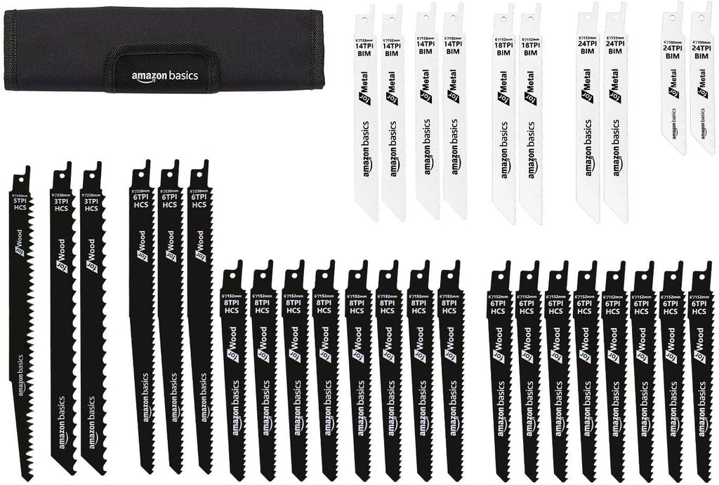 Amazon Basics Chromium Vanadium Steel Reciprocating Saw Blade Set with Organizer Pouch, Compatible For Plastic, 32-Pieces, Black & White