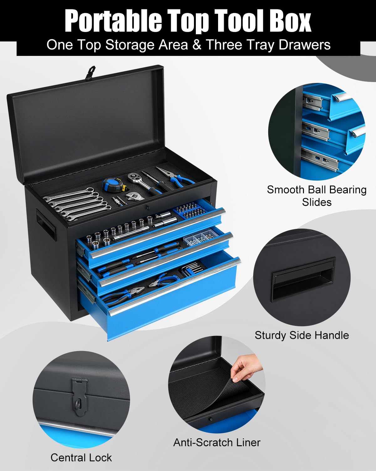 4-Drawer Rolling Tool Chest, 2-in-1 Storage Toolbox, Blue & Black