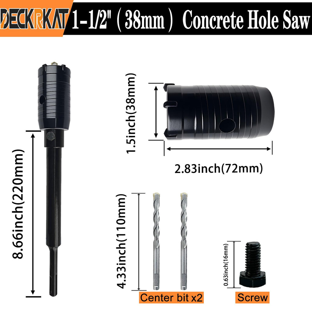 DECKRKAT 1-1/2" Concrete Hole Saw Kit,Electroplated Black Quenching Tech,Heavy-Duty Thickened Alloy Teeth,SDS Plus Shank & 2 Center Bits for Concrete,Brick,Stone.