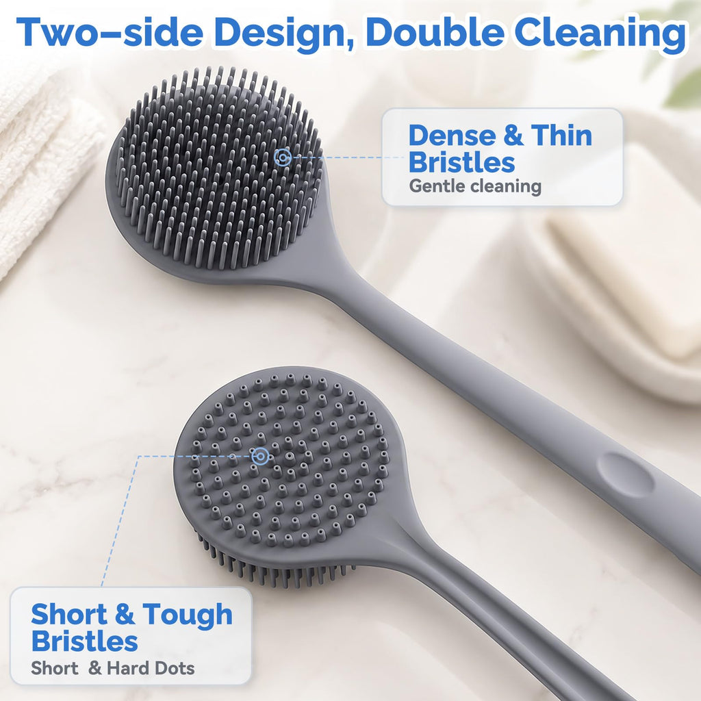 Silicone Body Scrubber Shower Brush Set Thin Bristles Gray