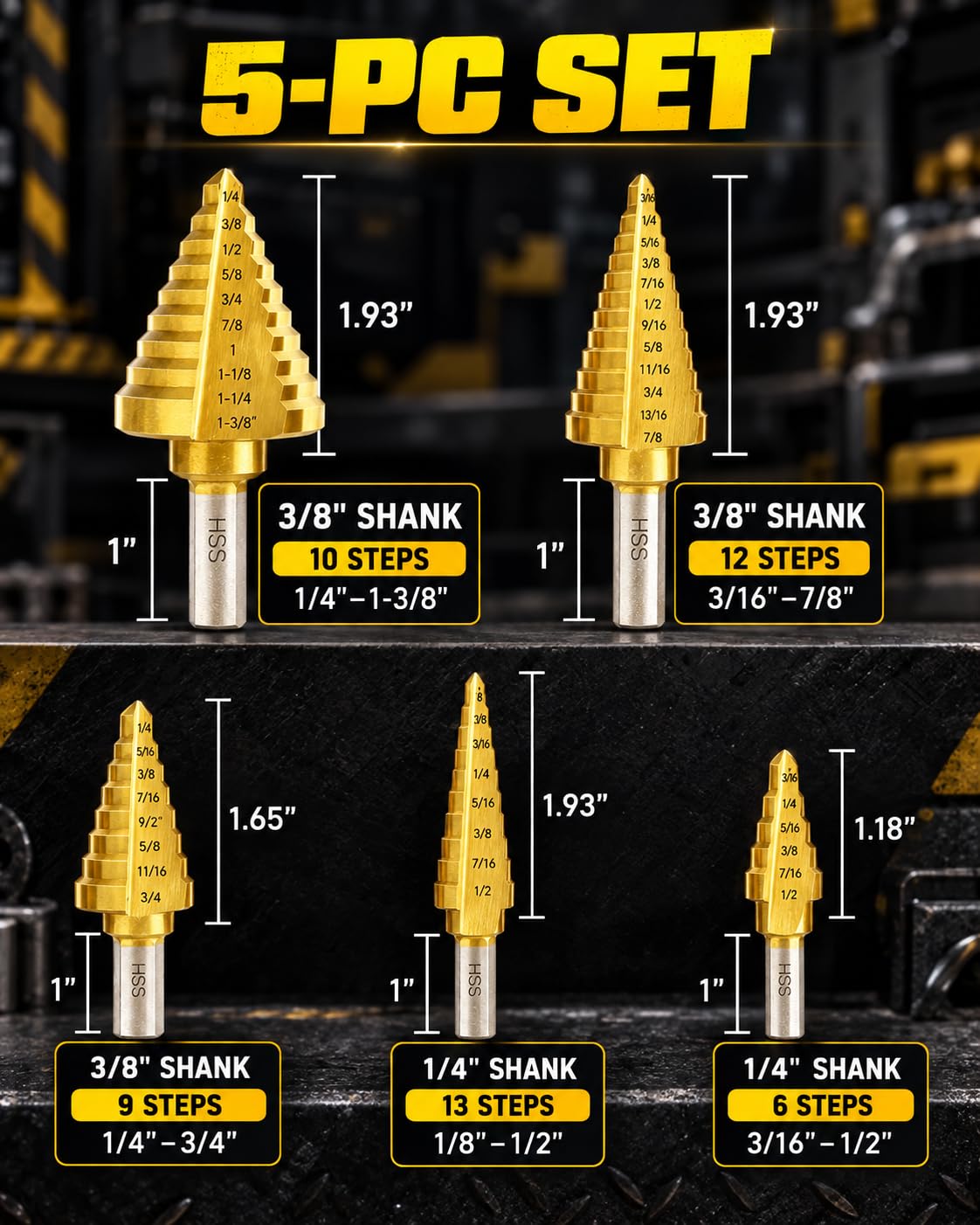 COMOWARE Step Drill Bit Set for Metal HSS 5Pcs Ti-Coated with Center Punch