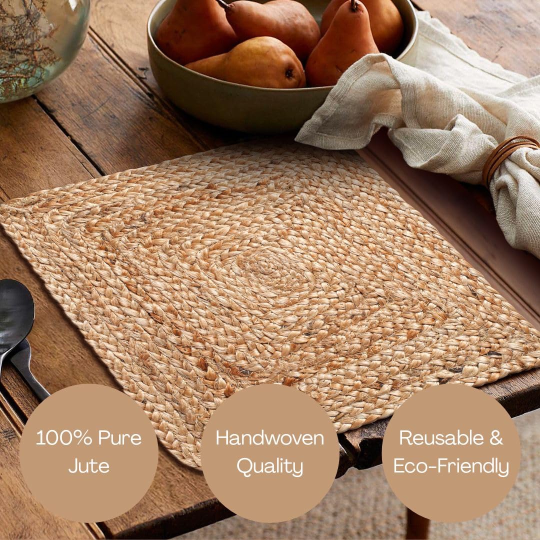 Jute Braided Placemats Set of 4 Reversible, 100% Jute, Nonslip 14x14 inch Square Farmhouse Vintage Jute Placemats for