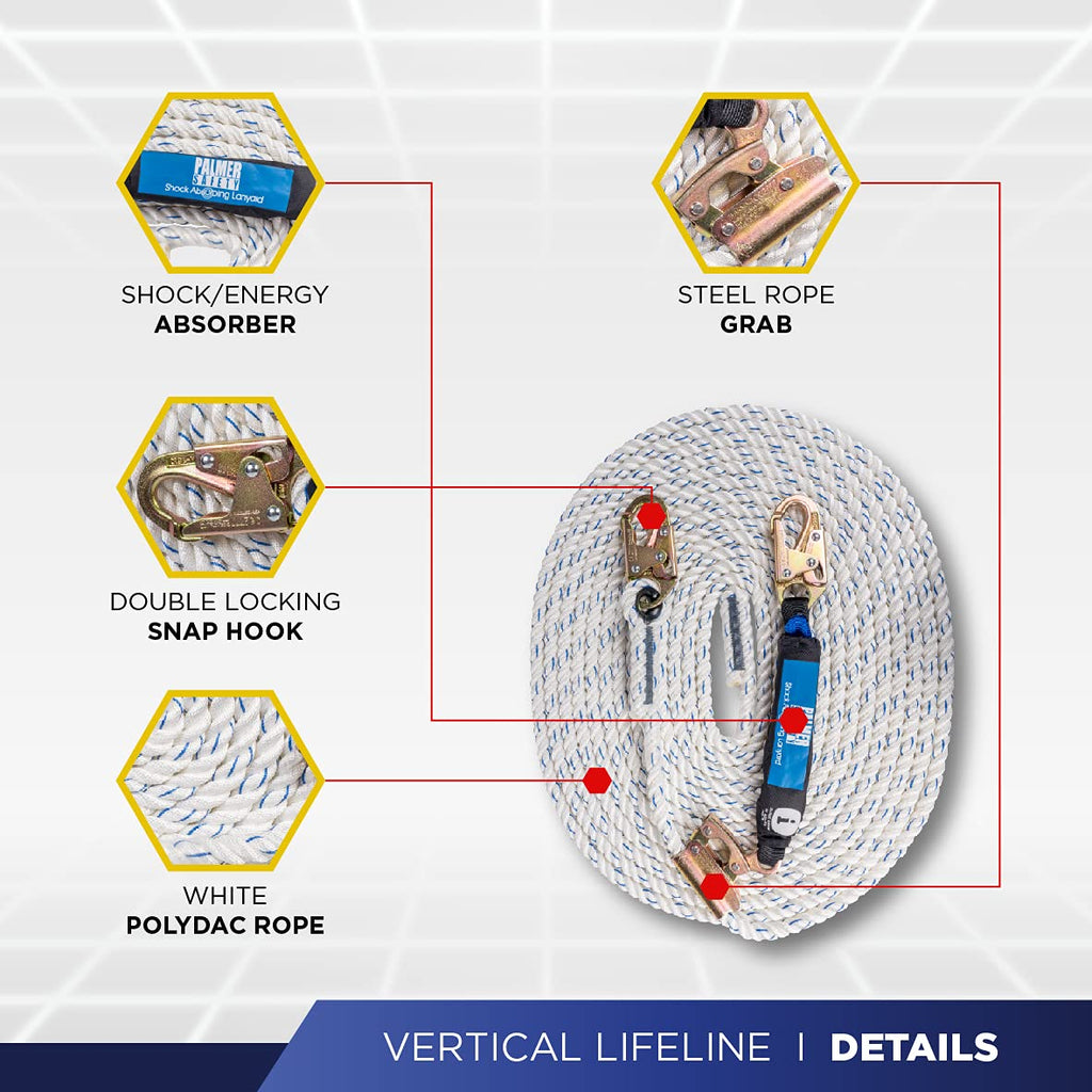 Vertical Lifeline Assembly - 100FT Rope Harness Safety Lanyard with Rope Grab - Fall Protection Kit