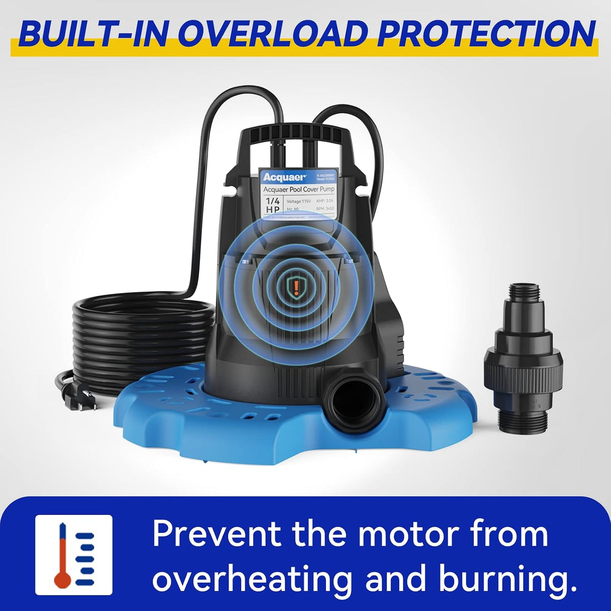 1/4 HP Automatic Swimming Pool Cover Pump, 2250 GPH Submersible Sump Pump with 3/4” Check Valve Adapter & 25ft Power
