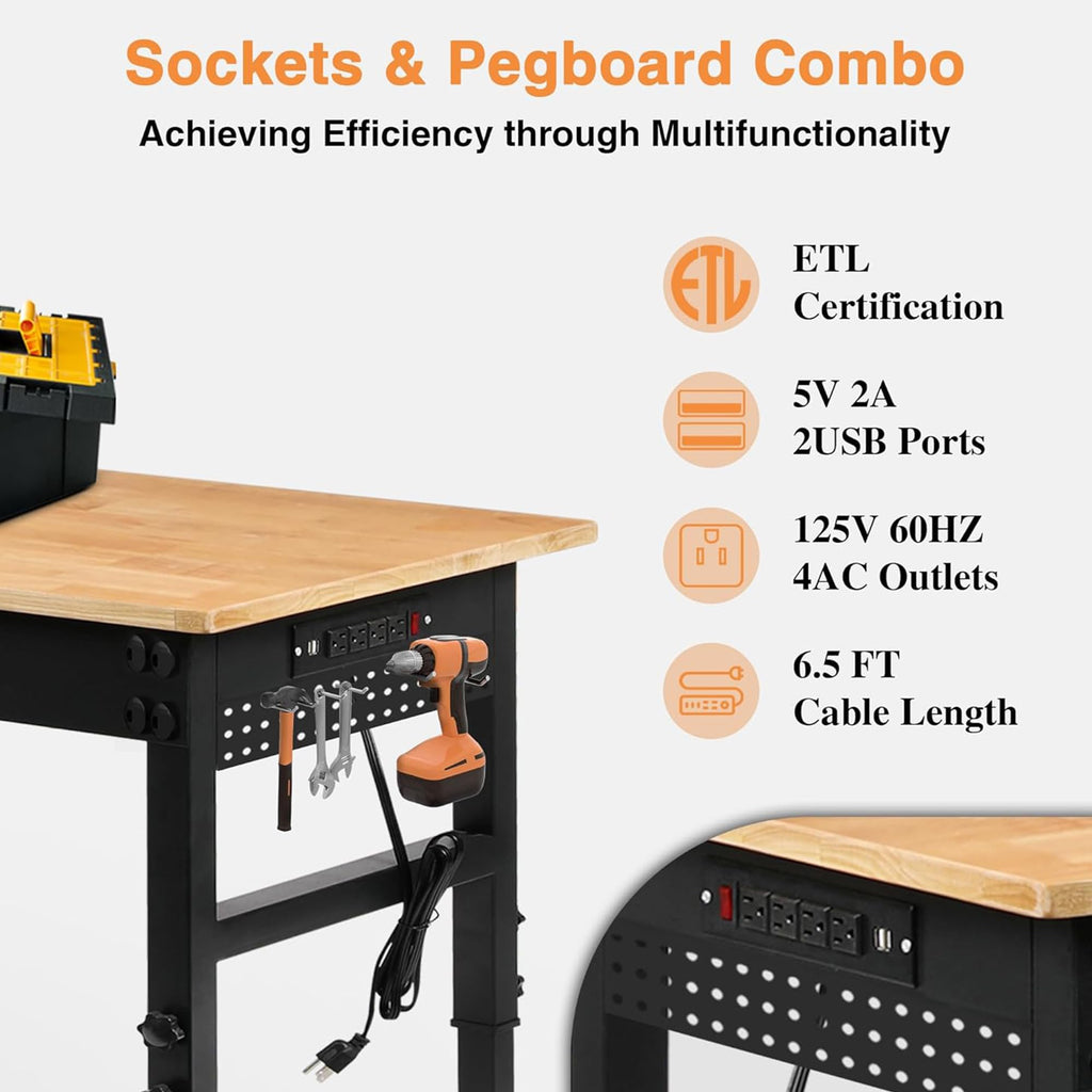 96" 2-in-1 Convertible Adjustable Workbench, L-Shaped & Extended 5000 LBS Heavy Duty Work Table with Power Outlets &