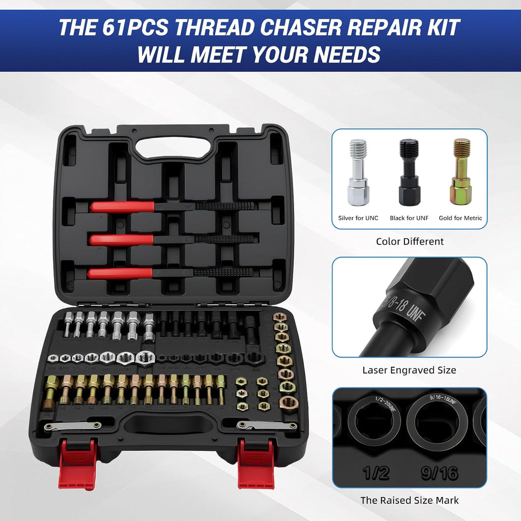 61-Piece Thread Repair Kit, Metric/UNC/SAE Thread Chaser Set with Taps, Dies, Files & Pitch Gauge, Rethreading Tool for Auto Mechanics, DIY - Rethread Damaged Screws, Bolts, Nuts