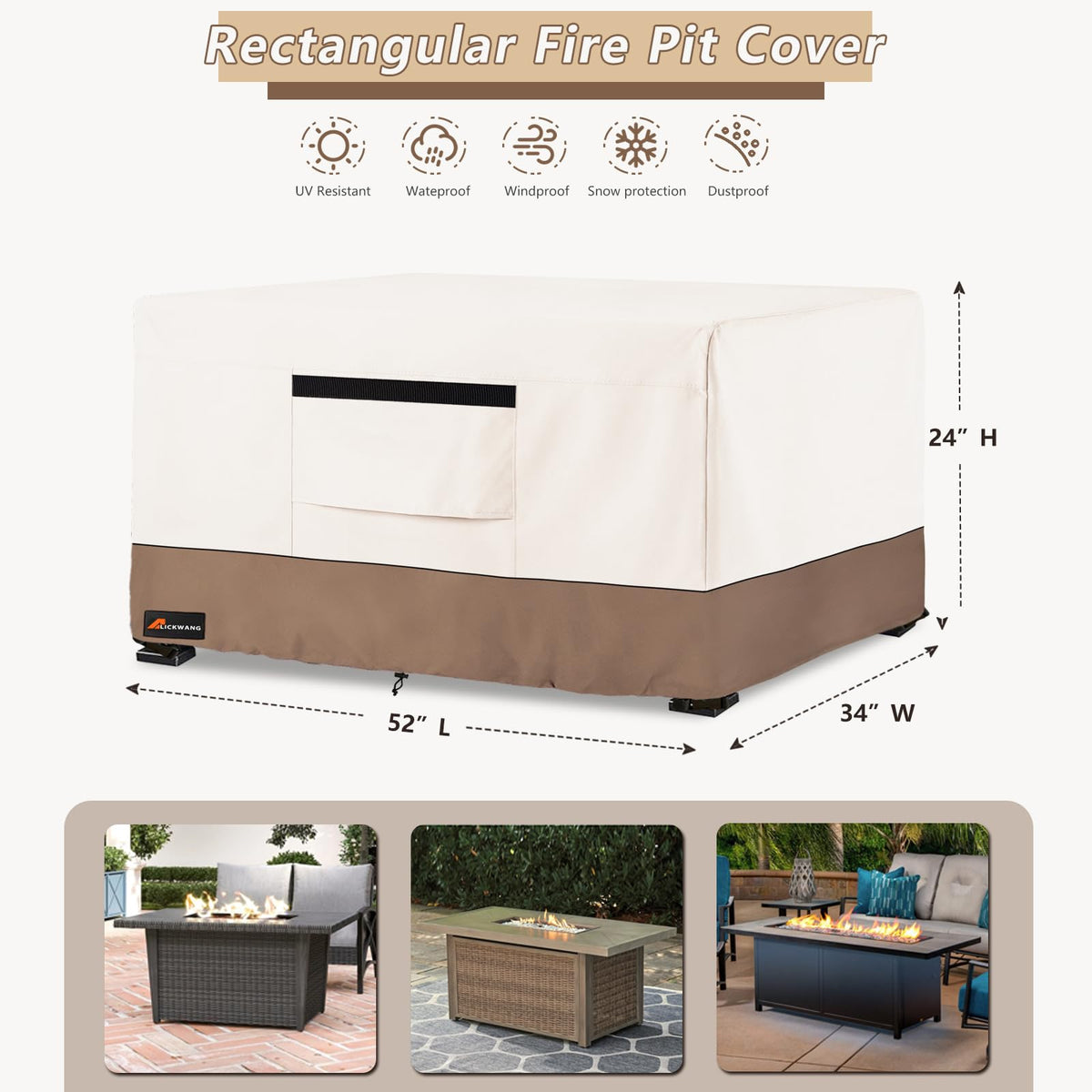 Fire Pit Cover Rectangular, Outdoor Heavy Duty 600D 100% Waterproof Tear-Resistant 52 Inch Fire Table Cover