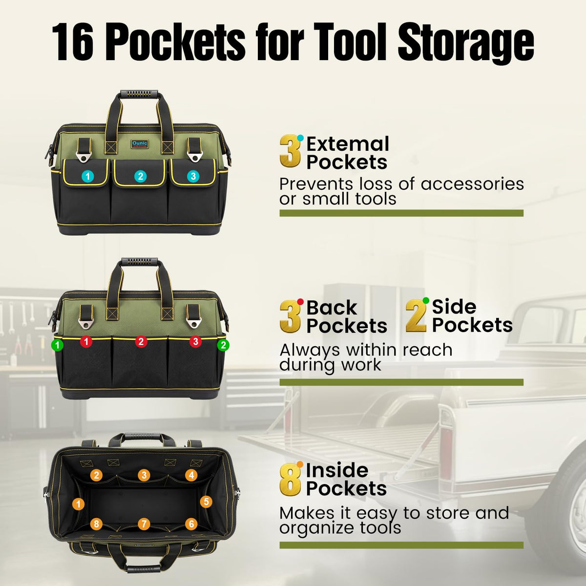 18 Inch Heavy Duty Tool Bag, 16-Pocket Tool Box Organizer, Green