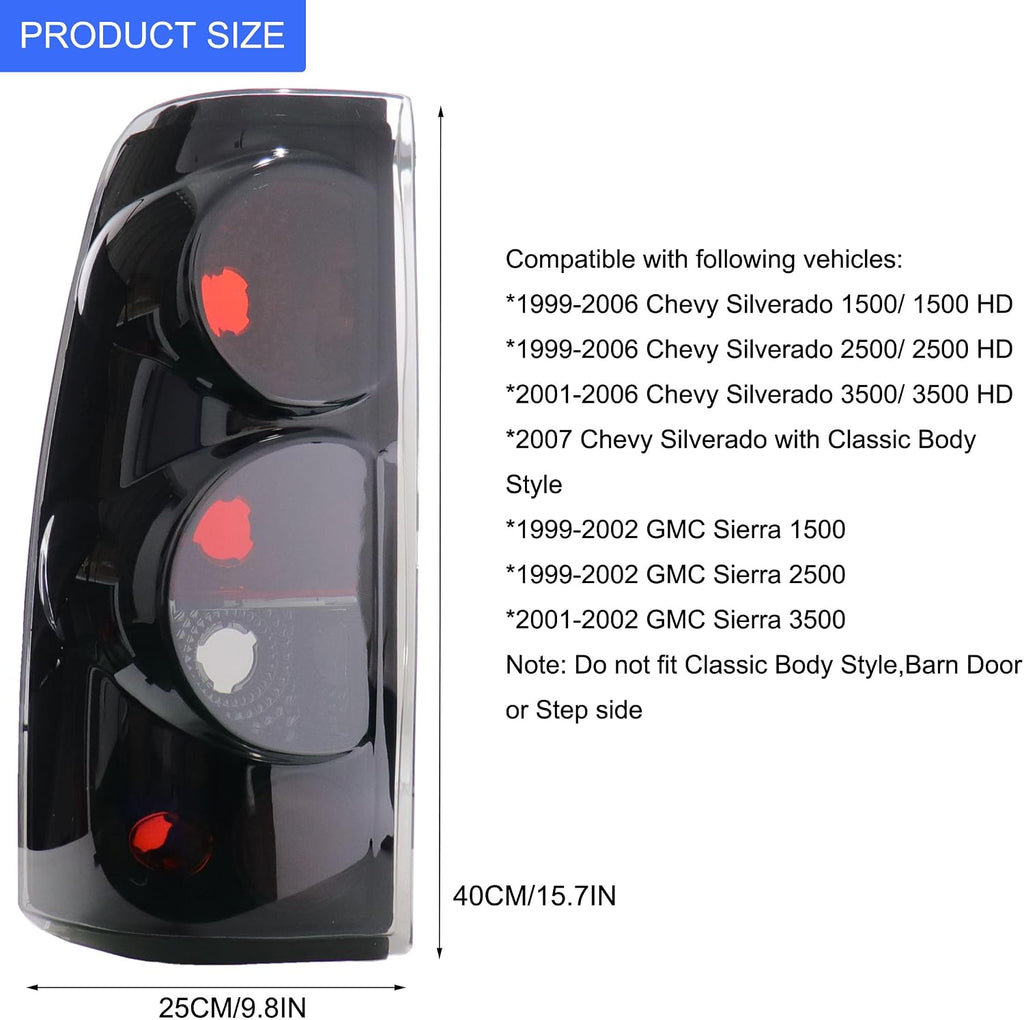 MOCW Tail Light Compatible With 1999-2006 Chevy Silverado 1500 2500 3500 2007 Classic,1999-2002 GMC Sierra 1500 2500 3500 Taillight Housing Replacement Left Driver & Right Passenger Side, Black/Smoke