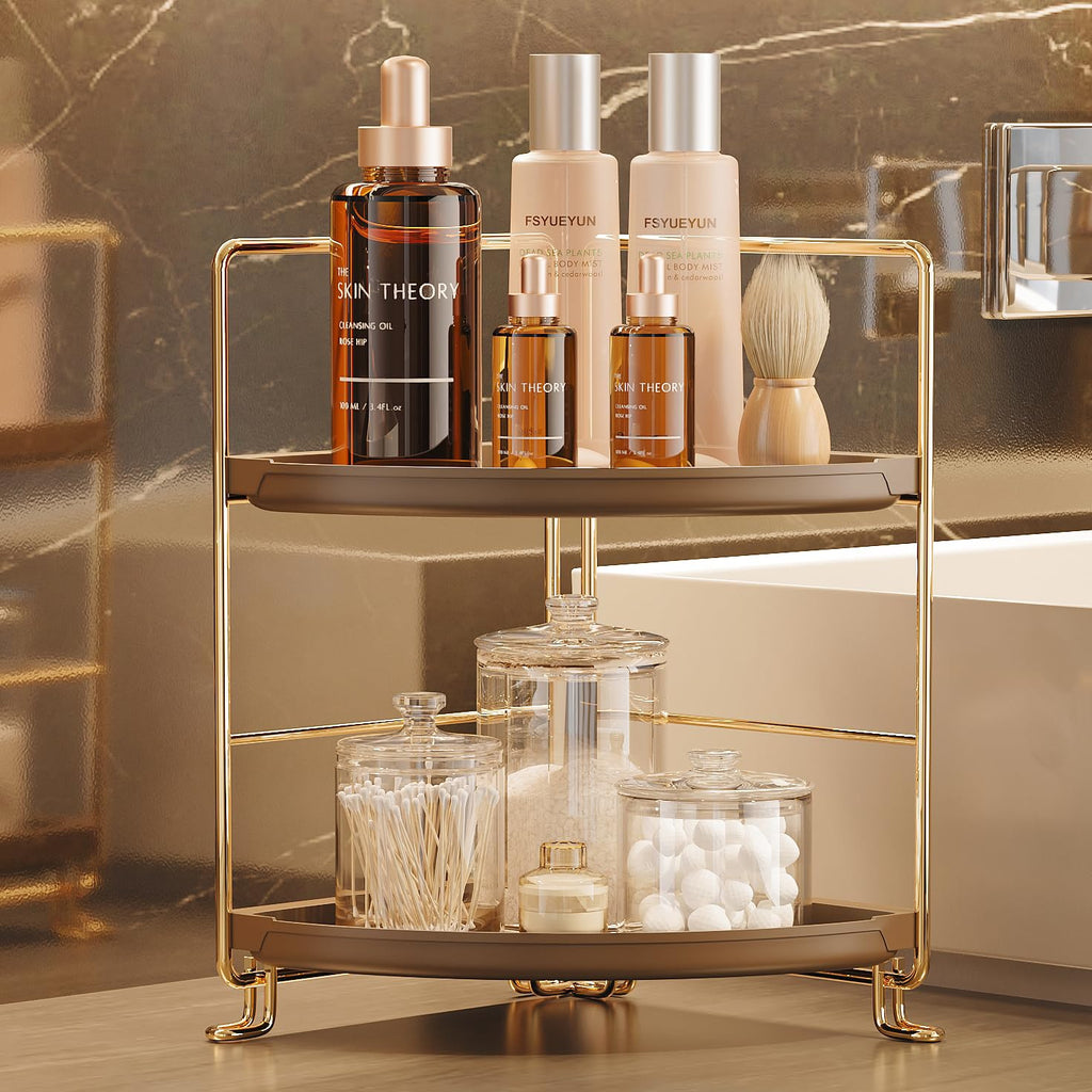 2-Tier Corner Bathroom Counter Organizer, Gold & Brown