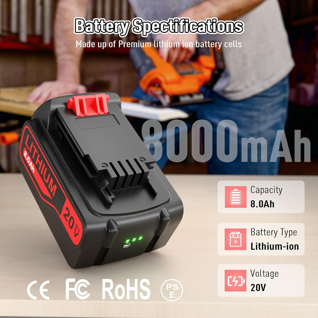 BATTOOL Upgraded 8000mAh 20V LBXR20 Replacement Battery for Black and Decker 20V Lithium Battery LB20 LBX20 LBXR2020-OPE LBXR20B-2 LBX4020