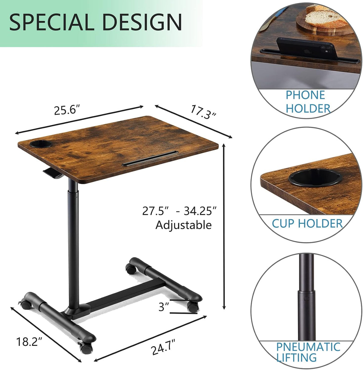 Overbed Table with Wheels, Height Adjustable 27.5-34.25", Walnut