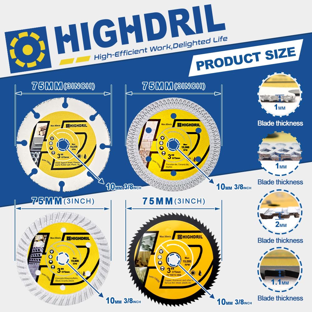 HIGHDRIL 4pcs 3" Circular Saw Blade Set for Metal Tile Marble Plastic Wood