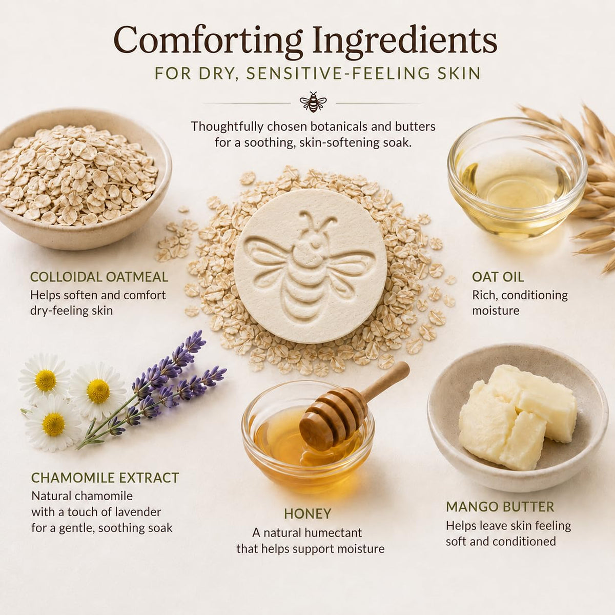 Chamomile Oat Bath Bombs for Sensitive Skin, Soothing and Moisturizing