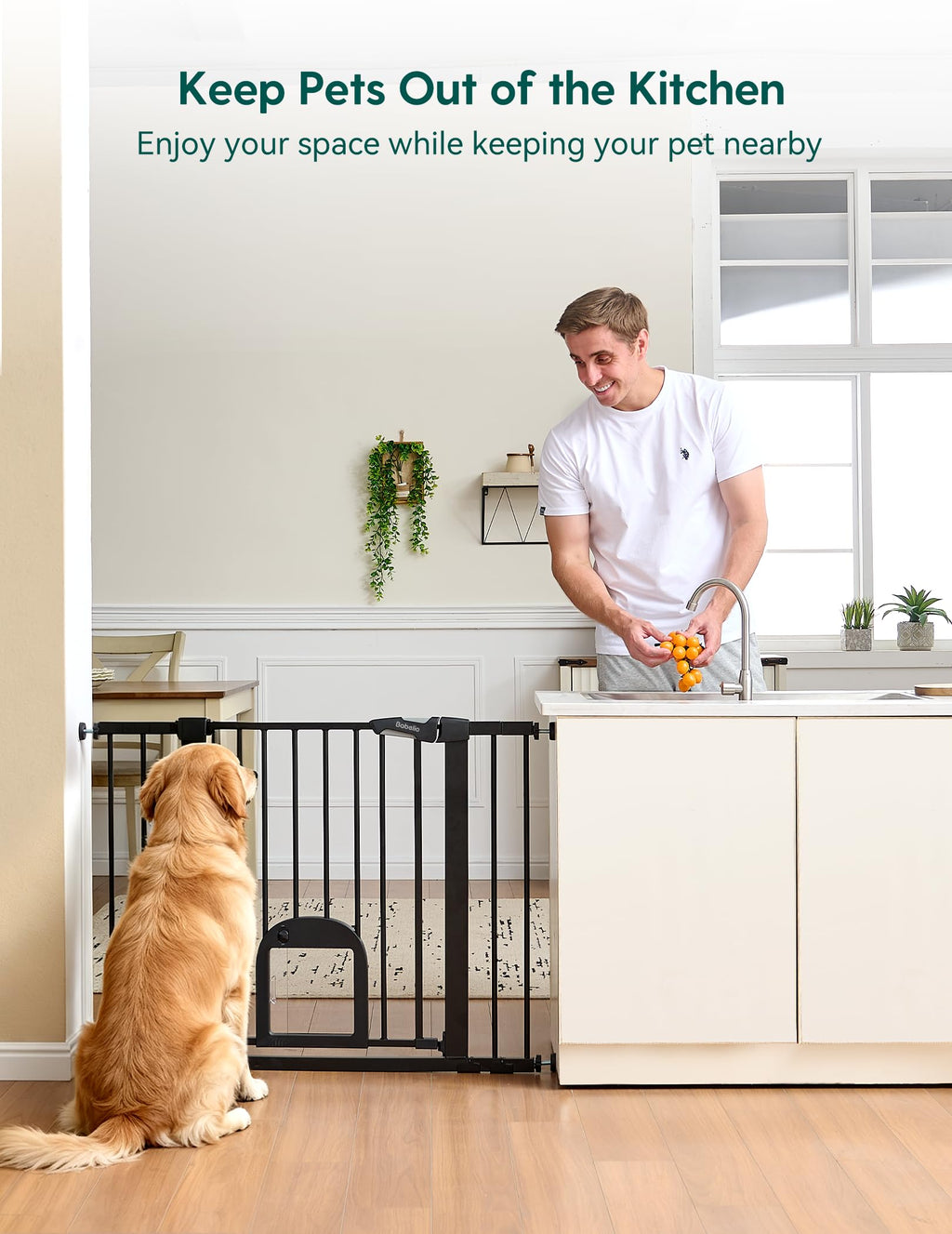 29-48" Extra-Wide Adjustable Hardware/Pressure-Mounted Pet & Child Safety Gate with Small Cat Door & Auto-Close Walk-Through Gate for Stairs, Hallways & Wide Doorways