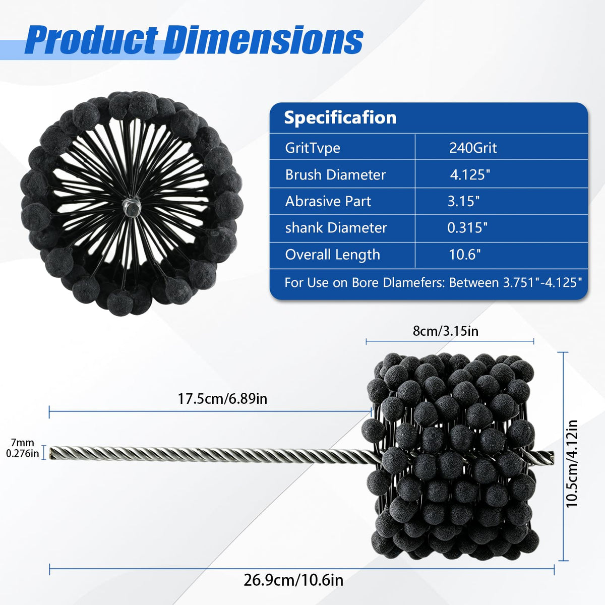 Cylinder Ball Brush, 4.125" (105mm) Diameter, 240 Grit Silicon Carbide, Deburring Tool for Hydraulic, Pneumatic, Engine and Brake Cylinders