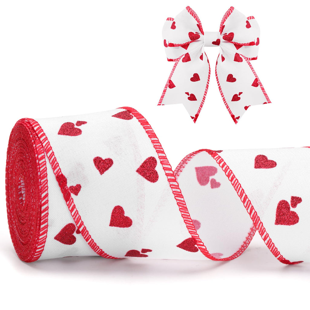 Valentine Heart Ribbon Wired Edge - 1-1/2 Inch x 11 Yards Fabric Red Ribbon with Glitter Heart, Happy Valentines Day