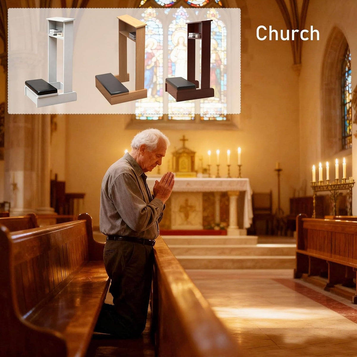 Solid Wood Prayer Kneeler Bench with Cushion & Shelf - 20x6.5x33in Mation Stool for Church, Pulpit, Home Prayer
