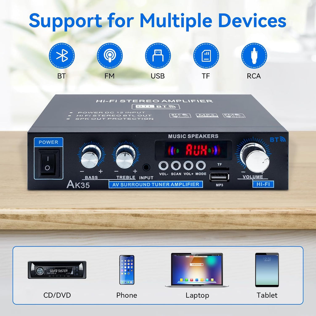 AK35 Home Audio Amplifier Bluetooth 5.0 200W Stereo Receivers