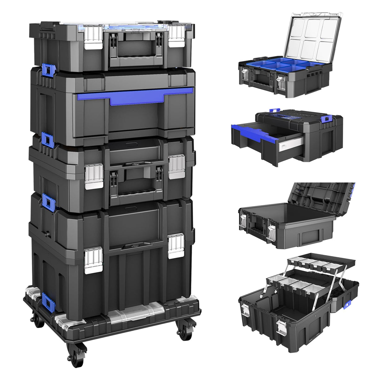 5 Tier Stackable Tool Box with Wheels, Rolling Tool Box Organizer