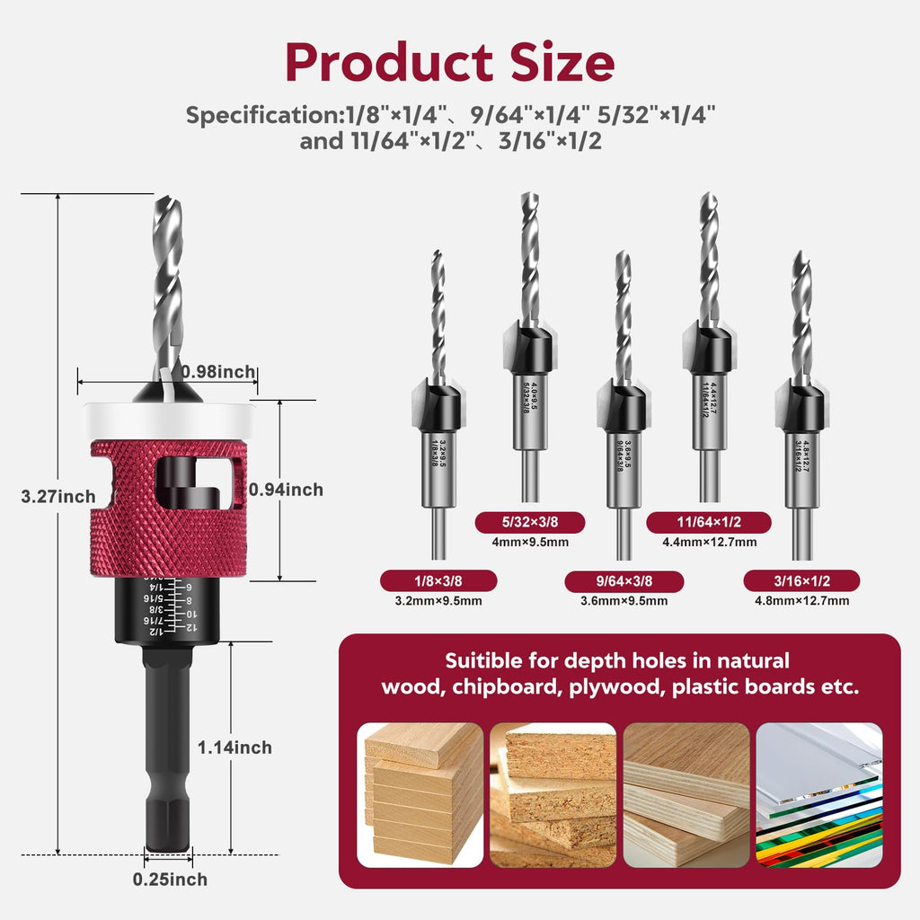 7 Pcs Countersink Drill Bit Set - 5‑Pcs Replaceable 2-Flute TCT Tapered Drill Bits with Low‑Friction Adjustable Depth Stop, 1/4” Hex Shank for Woodworking Tools & Hand Tools